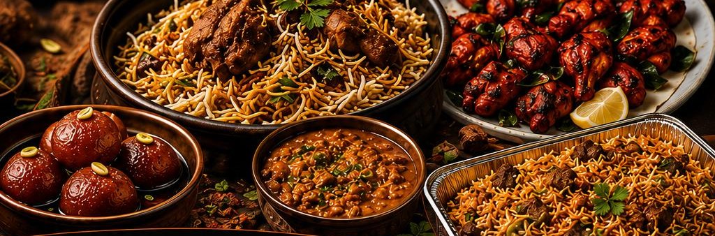 Biryani, tandoori chicken, gulab jamun and curries spread